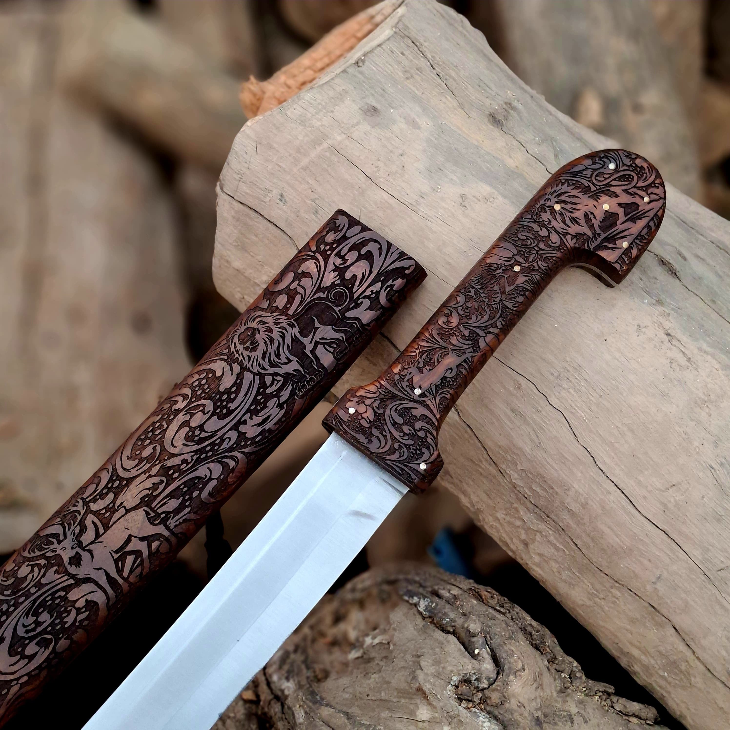 Bone Handle Damascus Knife with Handcrafted Tooled Sheath