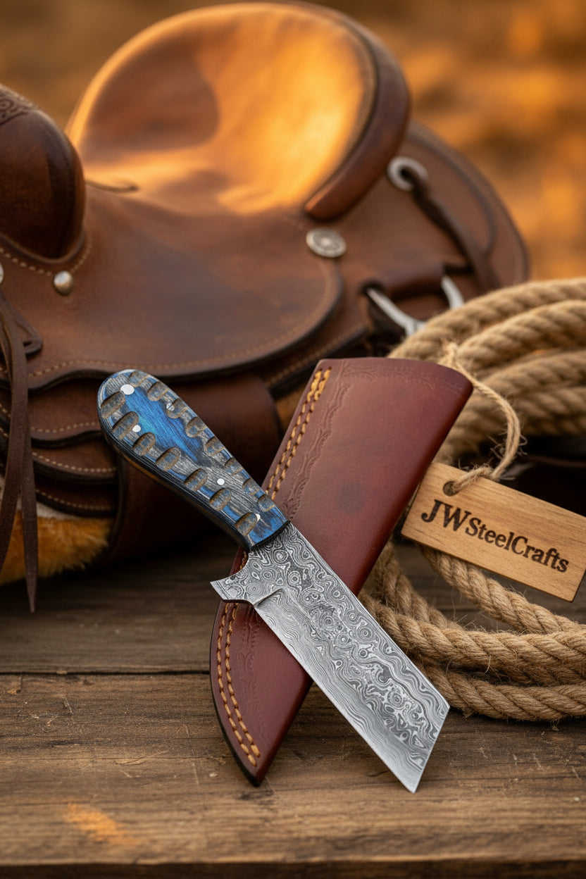 Western Bull Cutter 7” Knife – Damascus Ranch Blade with Blue Stabilized Handle &amp; Sheath