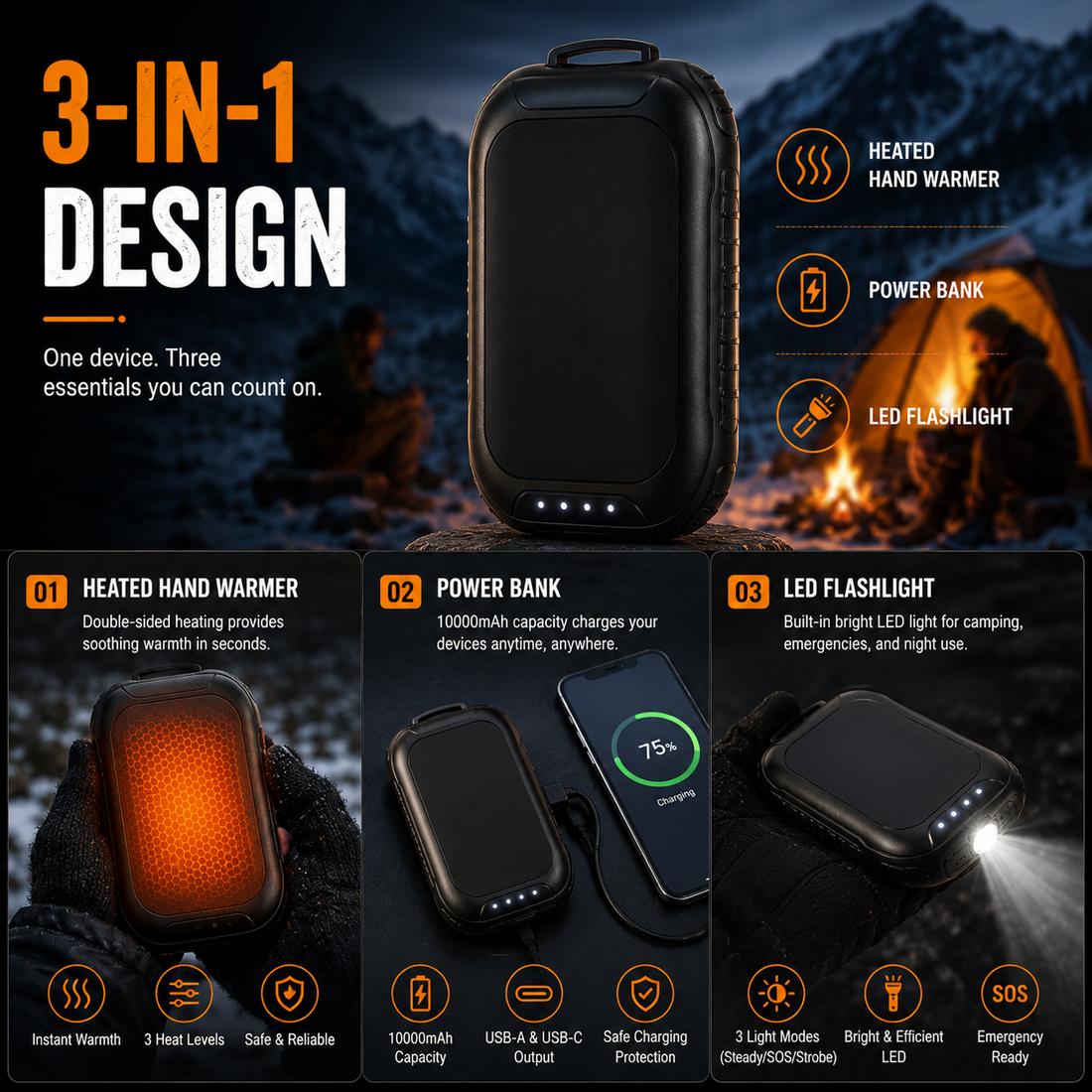 LITEGUEST 3-in-1 Heated Hand Warmer – Power Bank &amp; LED Light