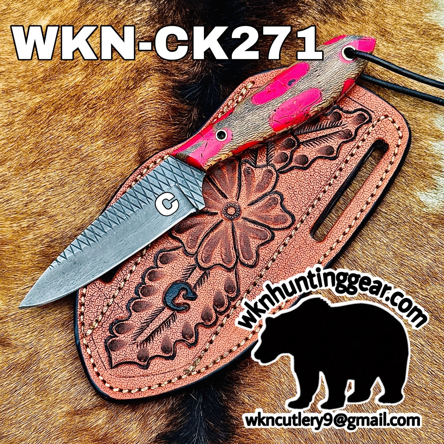 Textured Spear Point Dagger Knife with Pink Resin Handle for Hunters and Outdoor Users