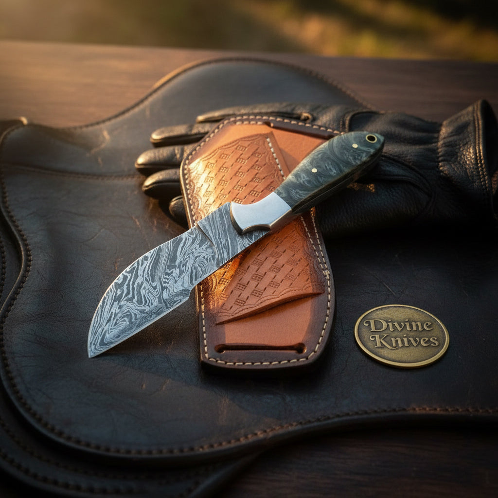 Damascus Charcoal Burl Resin Cowboy Knife with Wood Grain Blade
