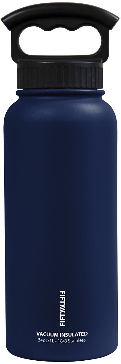 FIFTY/FIFTY 34 Oz Vacuum Insulated Water Bottle with 3 Finger Navy Handle