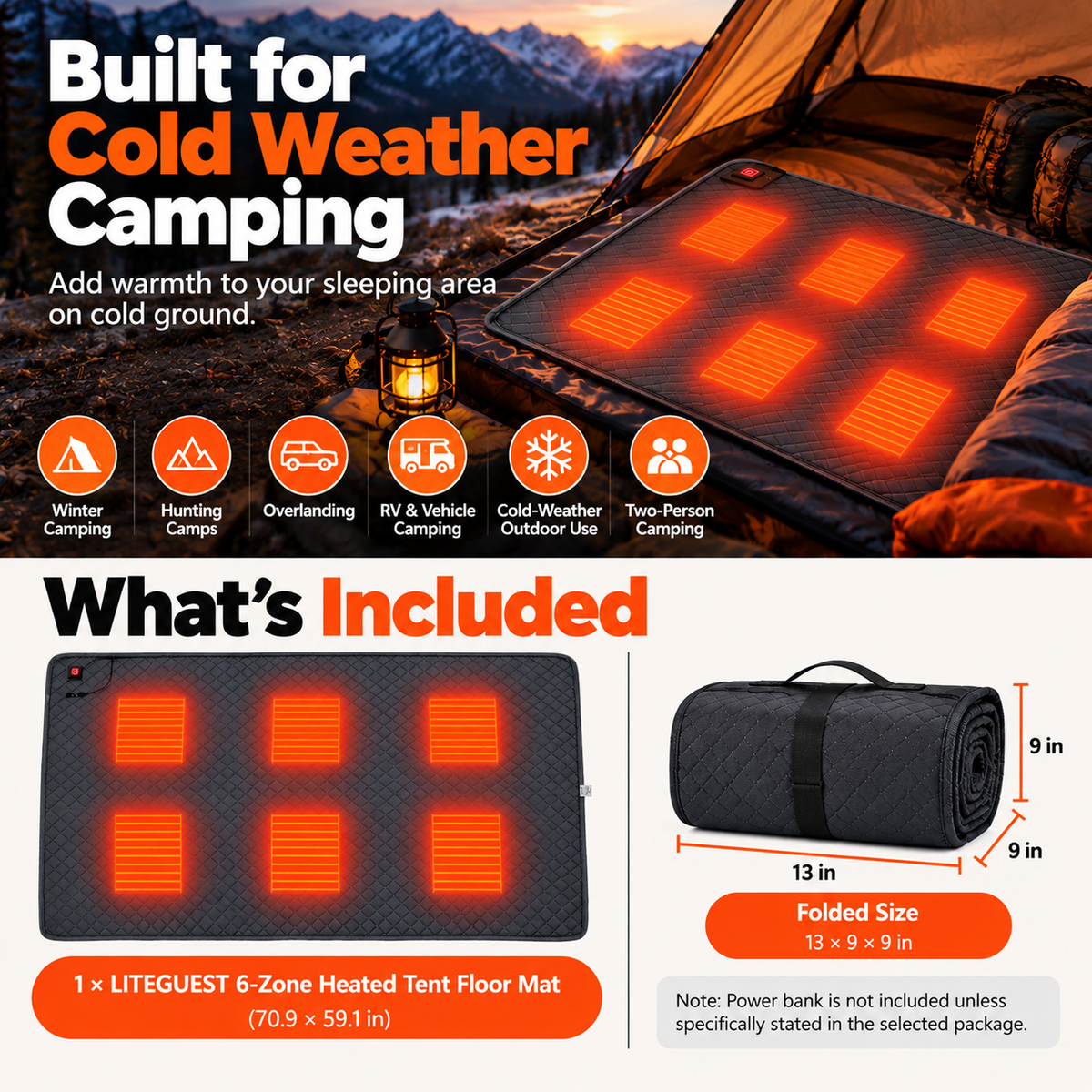 LITEGUEST 6-Zone Heated Tent Floor Mat | Large USB Heated Camping Mat