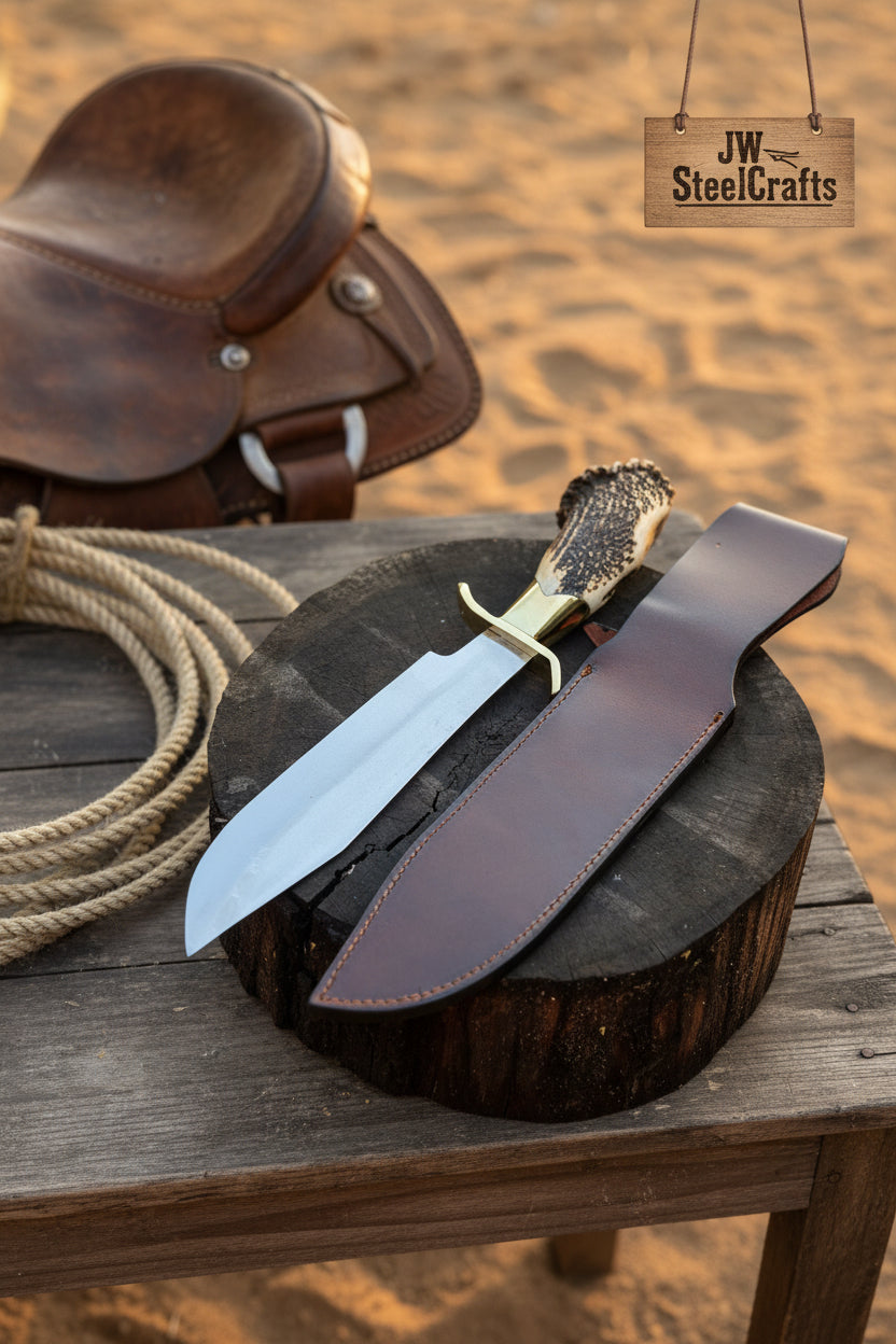 Handmade Carbon Steel Hunting Knife with Stag Horn Handle &amp; Leather Sheath