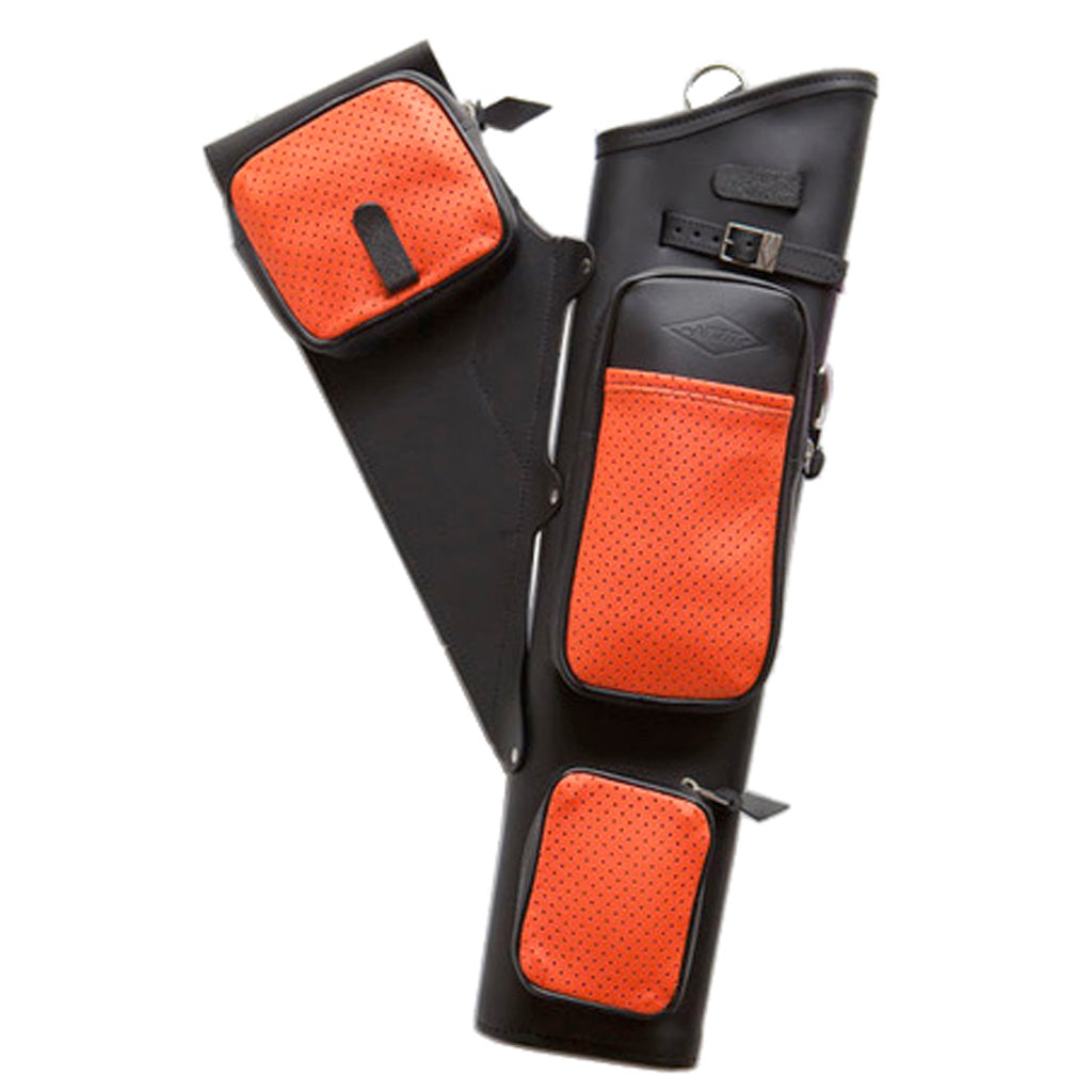 Neet NT-2300 Leather Target Quiver - Black with Orange Pockets for Right-Handed Archers