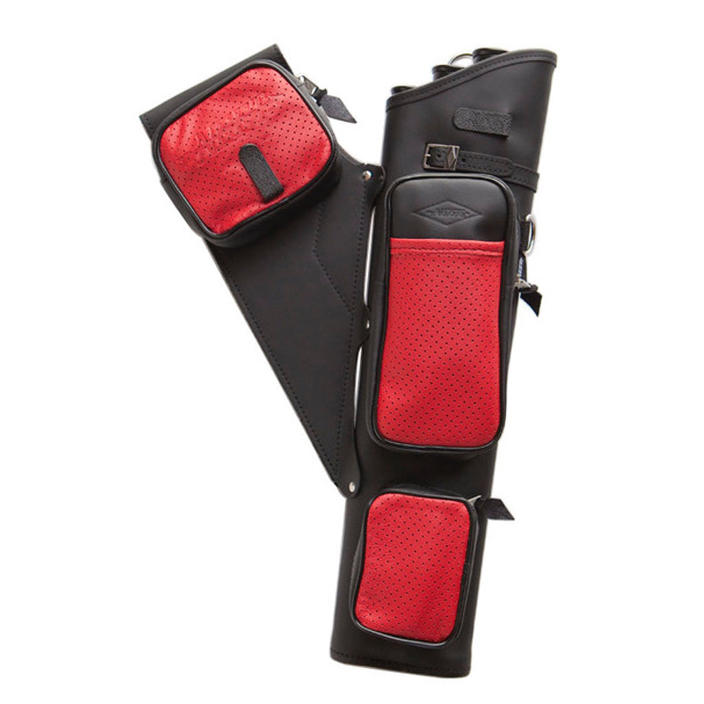 Neet NT-2300 Leather Target Quiver in Black with Red Pockets for Right-Handed Archers