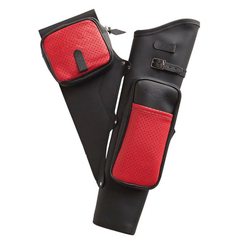 Neet NT-2100 Leather Target Quiver - Black with Red Pockets for Right-Handed Archers