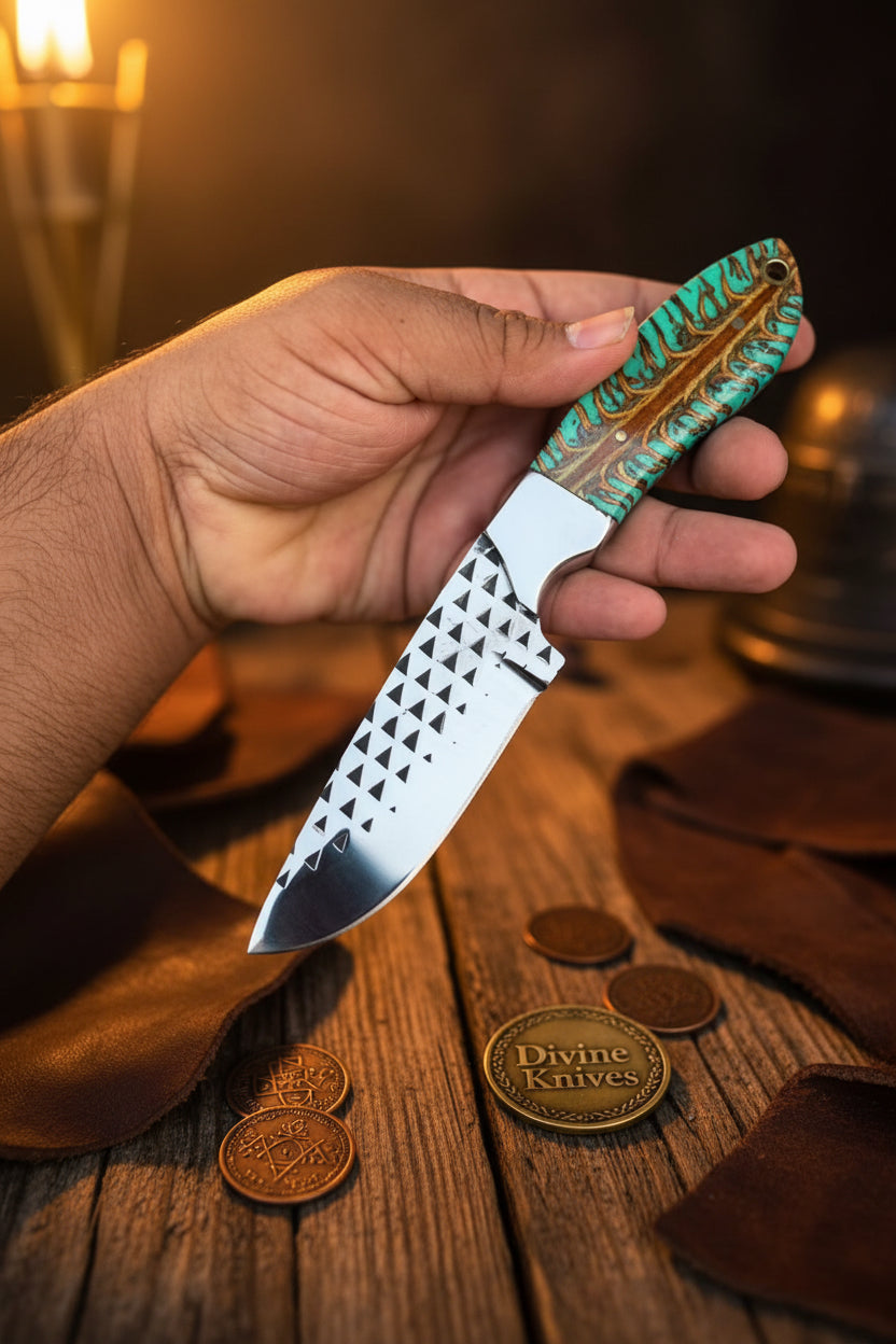 Emerald Pinecone Ranch Skinner Knife with Carved Wood Handle