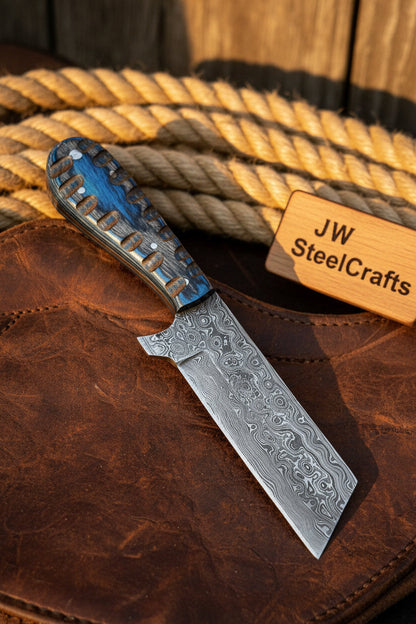 Western Bull Cutter 7” Knife – Damascus Ranch Blade with Blue Stabilized Handle &amp; Sheath