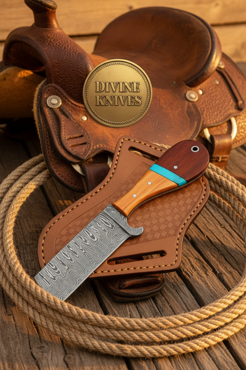 Turquoise Ridge Damascus Bull Cutter with Dual Tone Wood Handle