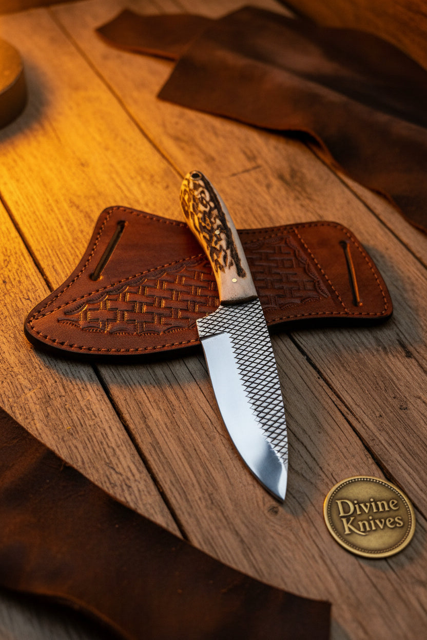 Stag Horn Rasp Skinner Knife with Included Tooled Sheath