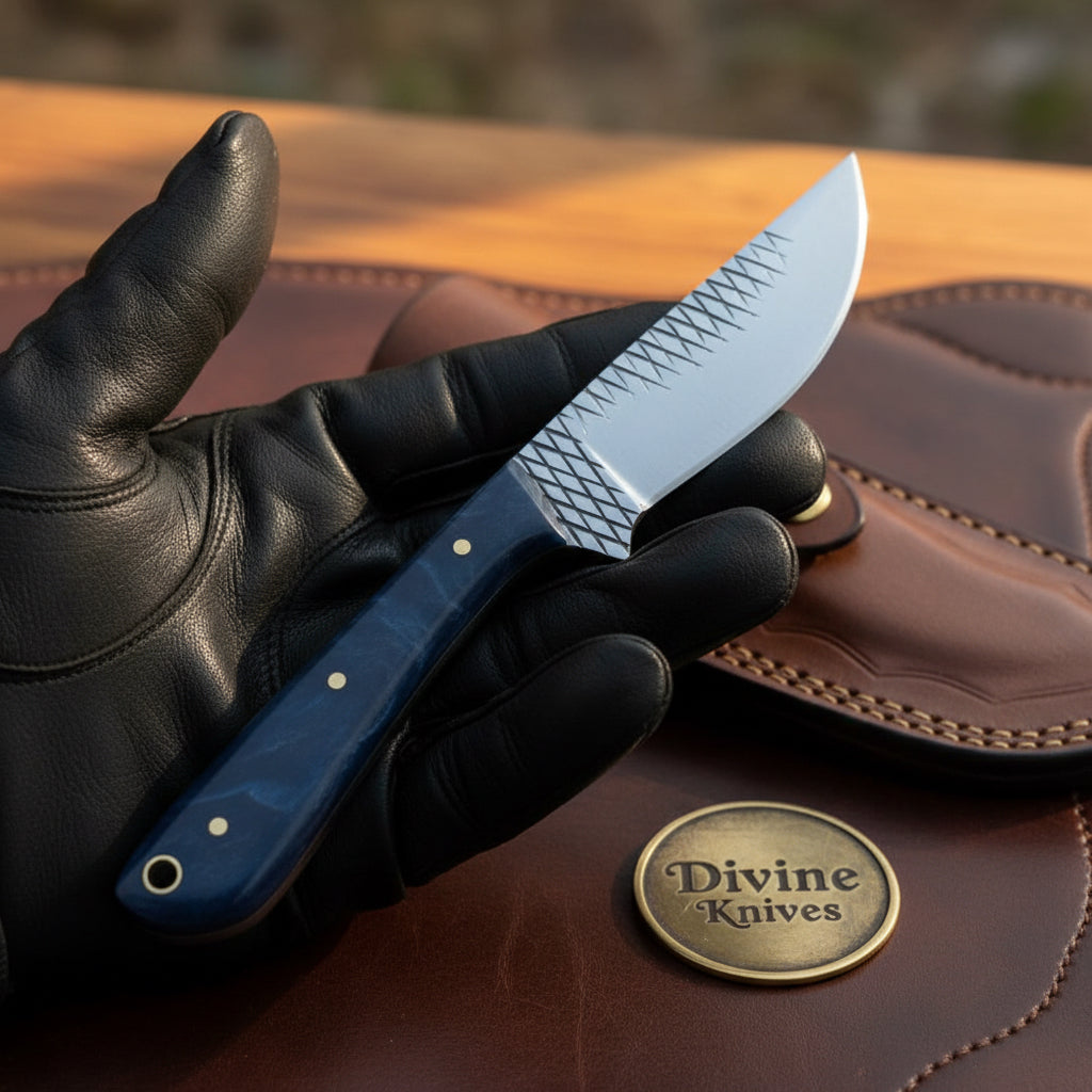 Blue Swirl Resin Rasp Cowboy Knife with Curved Rasp-Style Blade