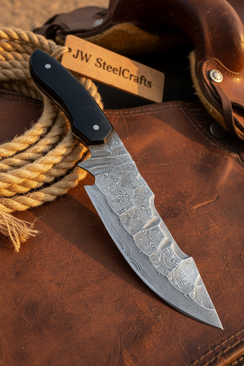 Damascus Field Knife 9” Blade Handmade Black Epoxy Resin Handle with Sheath
