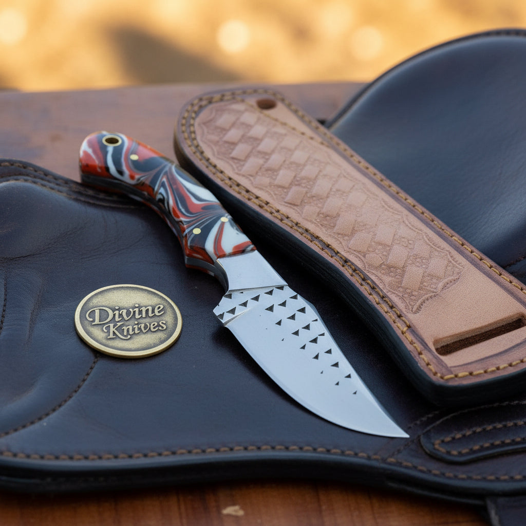 Orange Marble Resin Cowboy Belt Knife with Rasp-Style Blade