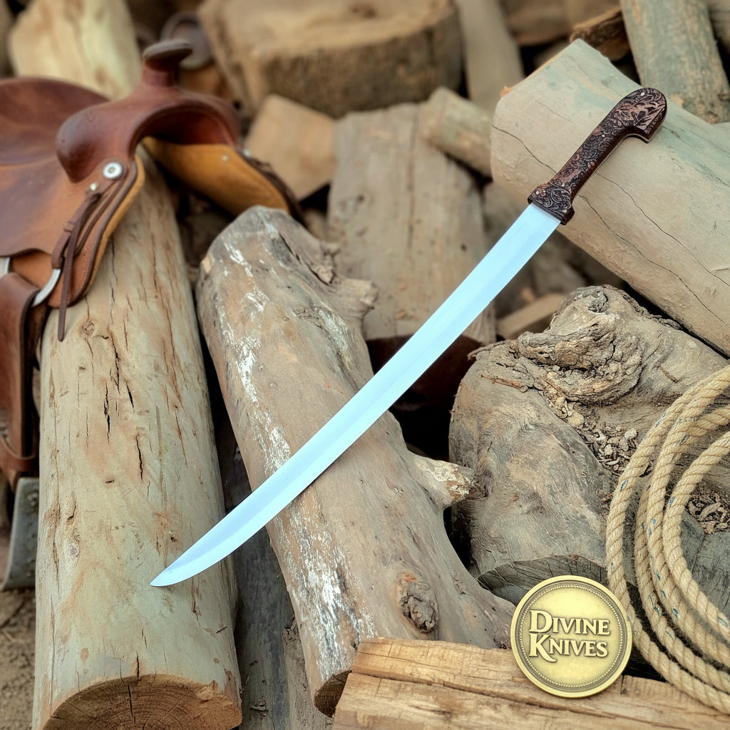 Bone Handle Damascus Knife with Handcrafted Tooled Sheath