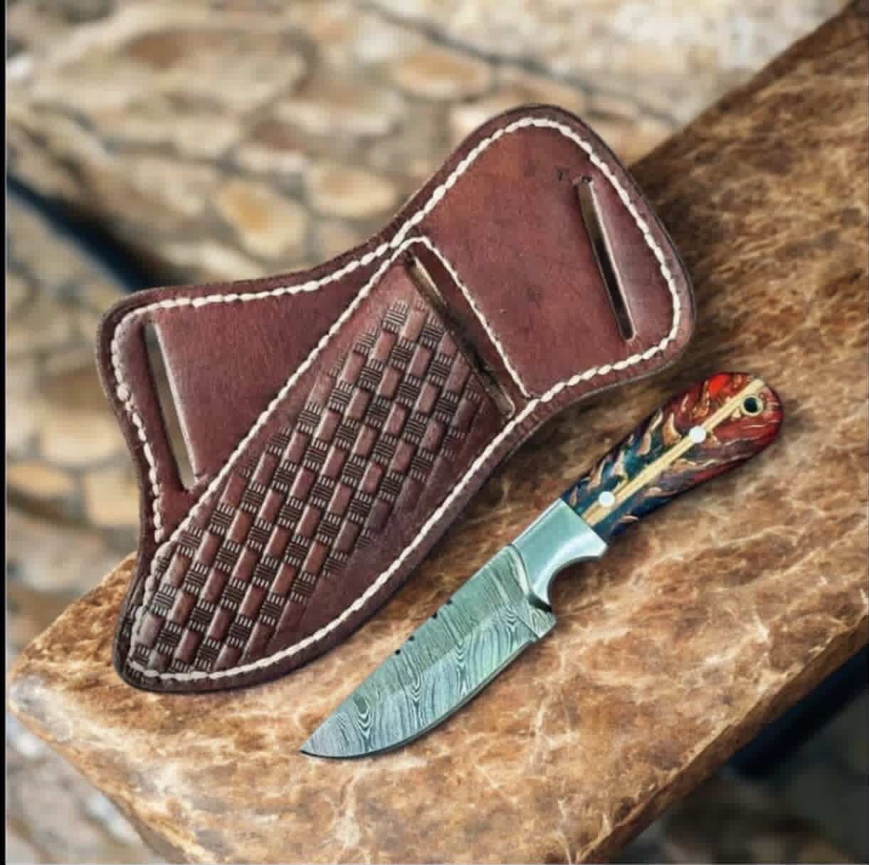 Damascus Green Pinecone Cowboy Knife with Guard Flare