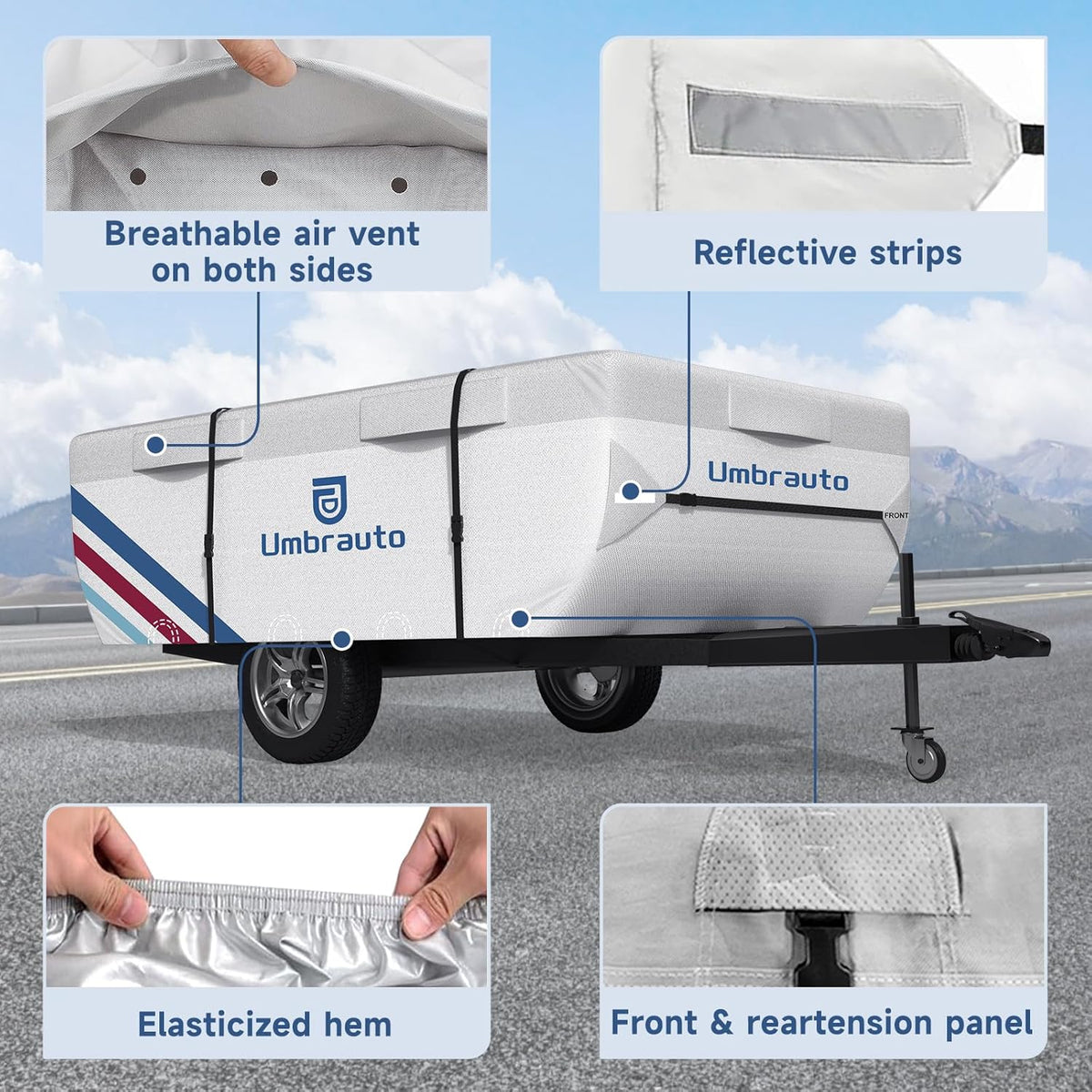 Umbrauto Pop Up Camper Cover, Folding Tent Trailers, 300D Silver Oxford, Waterproof, Windproof, Sun-Resistant, Tear-Resistant, Heavy-Duty RV Cover with Straps &amp; Air Vents