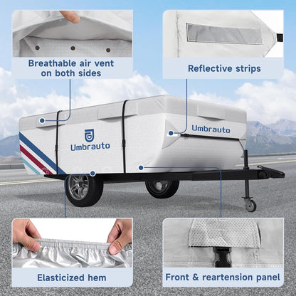 Umbrauto Pop Up Camper Cover, Folding Tent Trailers, 300D Silver Oxford, Waterproof, Windproof, Sun-Resistant, Tear-Resistant, Heavy-Duty RV Cover with Straps &amp; Air Vents