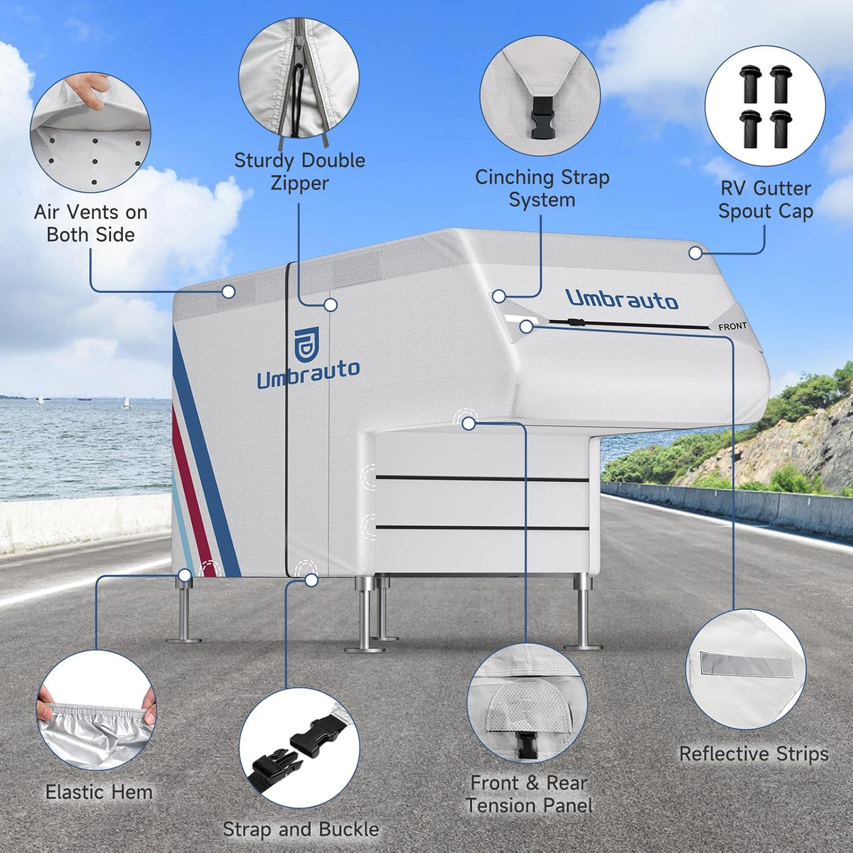 Umbrauto Slide-In Truck Camper Cover — 300D Oxford Waterproof RV Cover, Silver-Coated All-Weather Protection with Windproof Straps &amp; Air Vents
