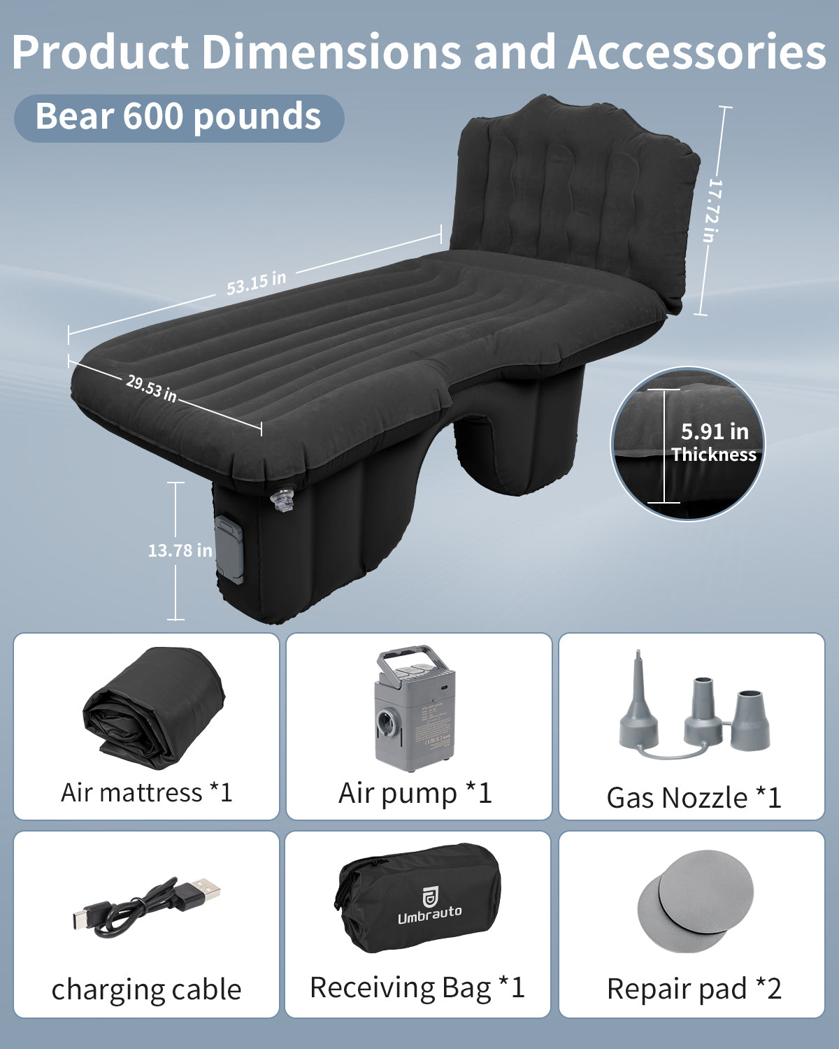 Umbrauto Back Seat Car Air Mattress with Built-in Rechargeable Pump: Cordless Inflatable Car Bed for Rear Seat Camping, 1-Click Fast Setup Thickened Flocking Sleeping Pad for Sedan, Truck &amp; SUV
