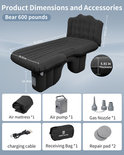 Umbrauto Back Seat Car Air Mattress with Built-in Rechargeable Pump: Cordless Inflatable Car Bed for Rear Seat Camping, 1-Click Fast Setup Thickened Flocking Sleeping Pad for Sedan, Truck &amp; SUV