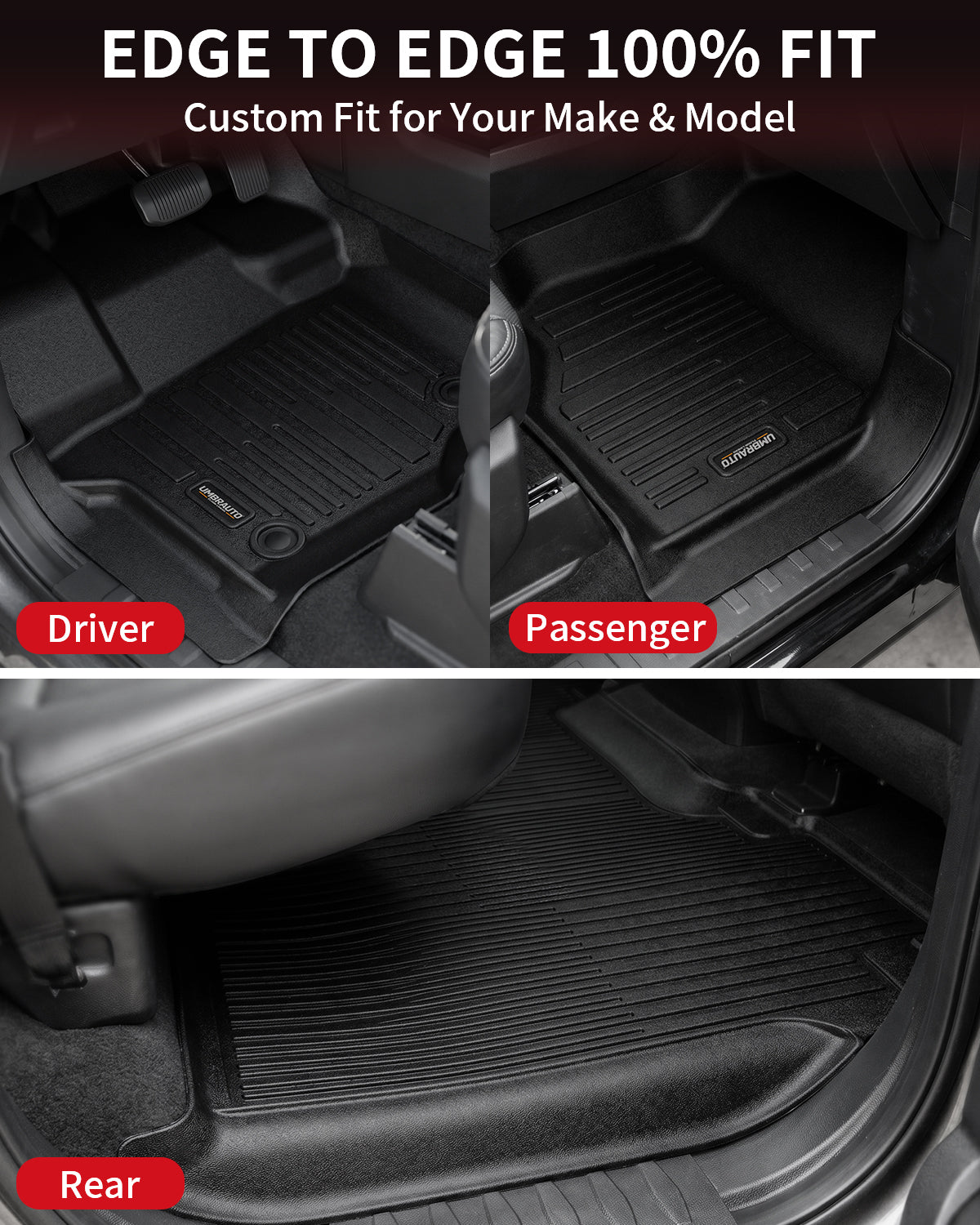 Umbrauto All Weather Floor Mats for Ford F150 SuperCrew 2015-2025 2026 &amp; Lightning 2022-2026, Custom Fit TPE Truck Floor Liners, Waterproof Heavy Duty Full Coverage, Rear w/o Fold Flat Storage