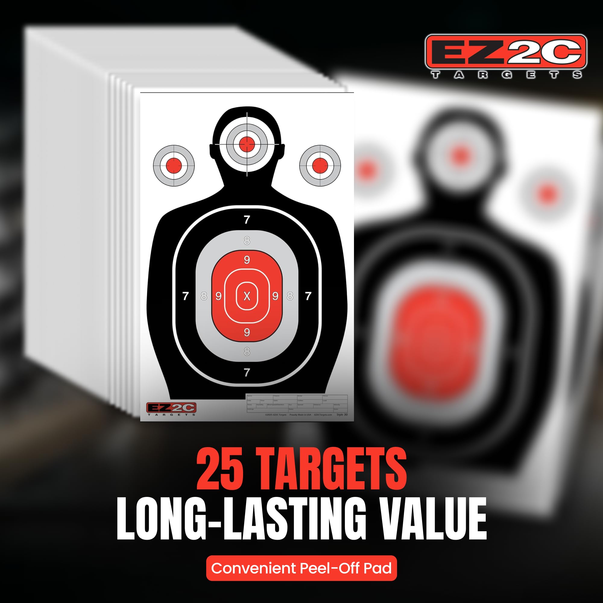 25 EZ2C 12"x18" Silhouette Shooting Target USA MADE Paper Range Targets (Peel-Off Pad of 25)
