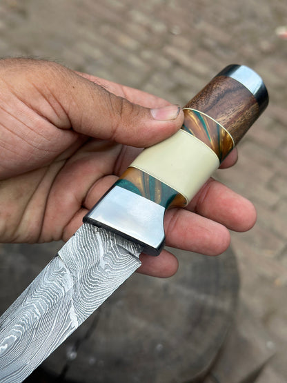 Hunting Knife 4.5” Damascus Steel Straight Back Blade Hybrid Wood Resin Handle Viking-Inspired