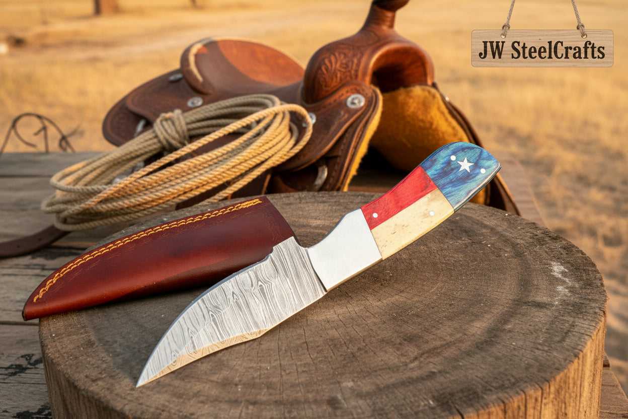 Damascus Camping Knife Fixed Blade USA Flag Resin Handle Outdoor Utility Knife with Sheath