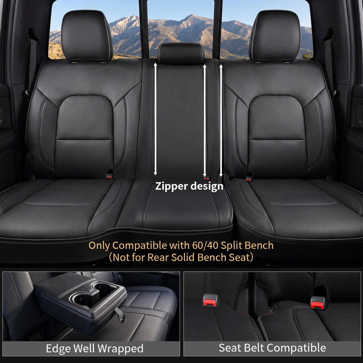 Umbrauto Car Seat Covers for Dodge RAM, Premium Nappa Waterproof Leather Seat Cushion Fits 2009-2026 RAM 1500/2500/3500 Crew Quad Mega Cab with Curved Bench,Full Set, Black