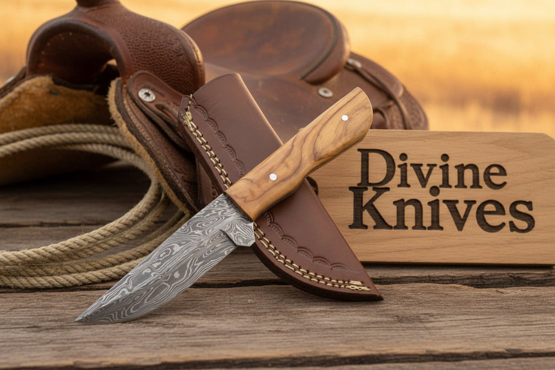 Natural Olive Wood Damascus Knife with Included Leather Sheath