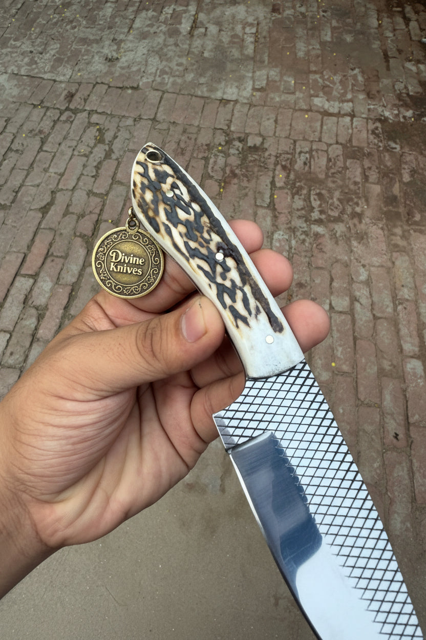 Stag Horn Rasp Skinner Knife with Included Tooled Sheath