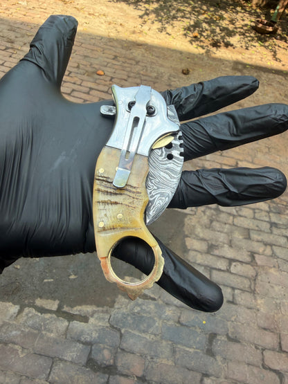 Wolf Claw Damascus Folding Karambit with Engraved Wolf Bolster&amp;nbsp;