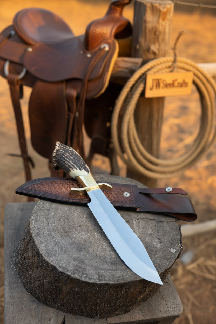 Handmade Carbon Steel Hunting Knife with Stag Horn Handle &amp; Leather Sheath