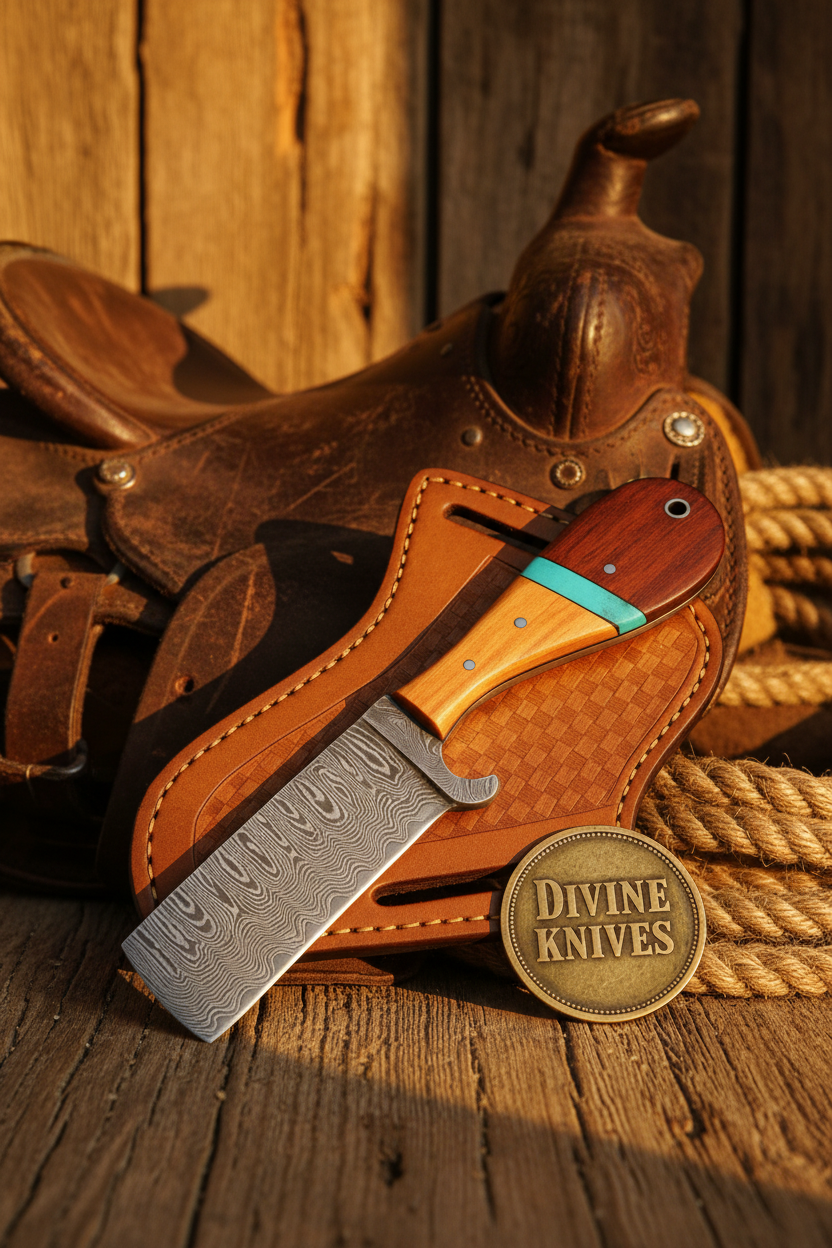 Turquoise Ridge Damascus Bull Cutter with Dual Tone Wood Handle