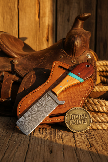 Turquoise Ridge Damascus Bull Cutter with Dual Tone Wood Handle