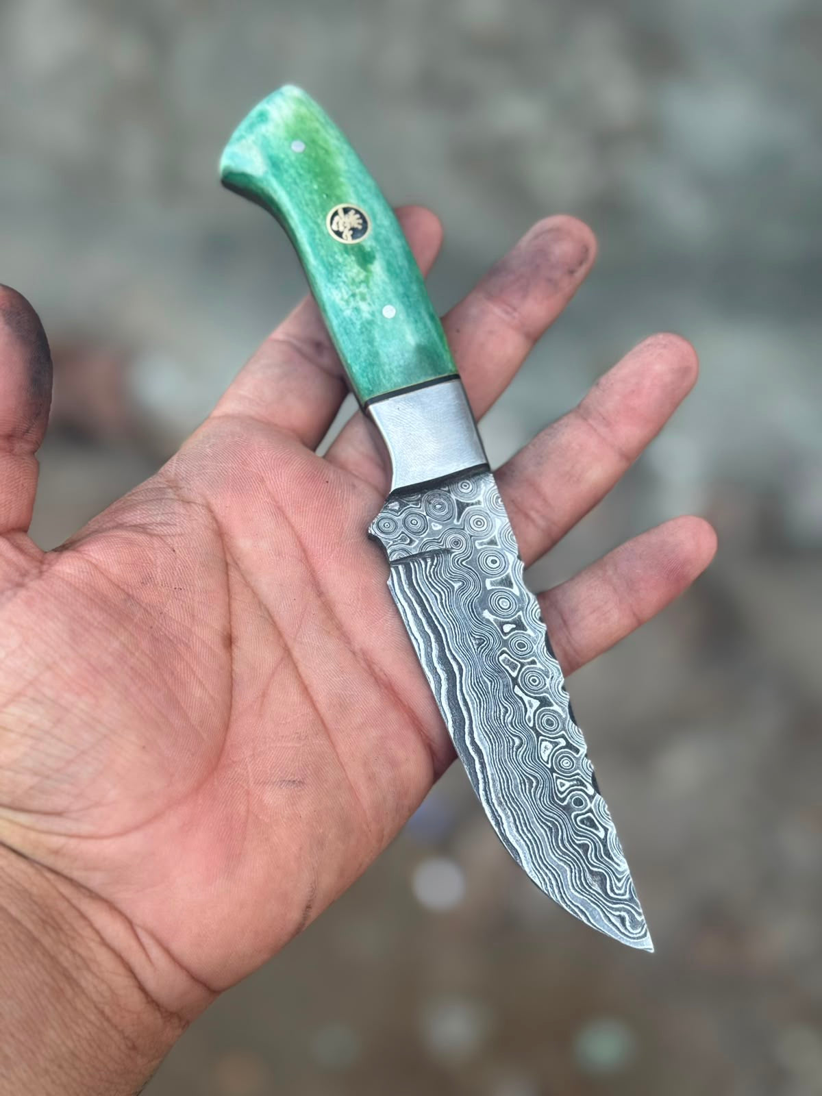 Green Damascus Drop Point Hunter with Mosaic Ricasso Pattern
