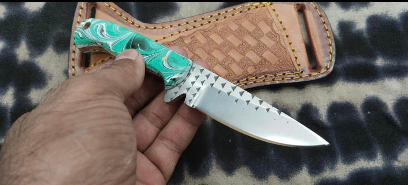 Mint Green Swirl Resin Rasp Cowboy Knife with Rasp-Style Blade