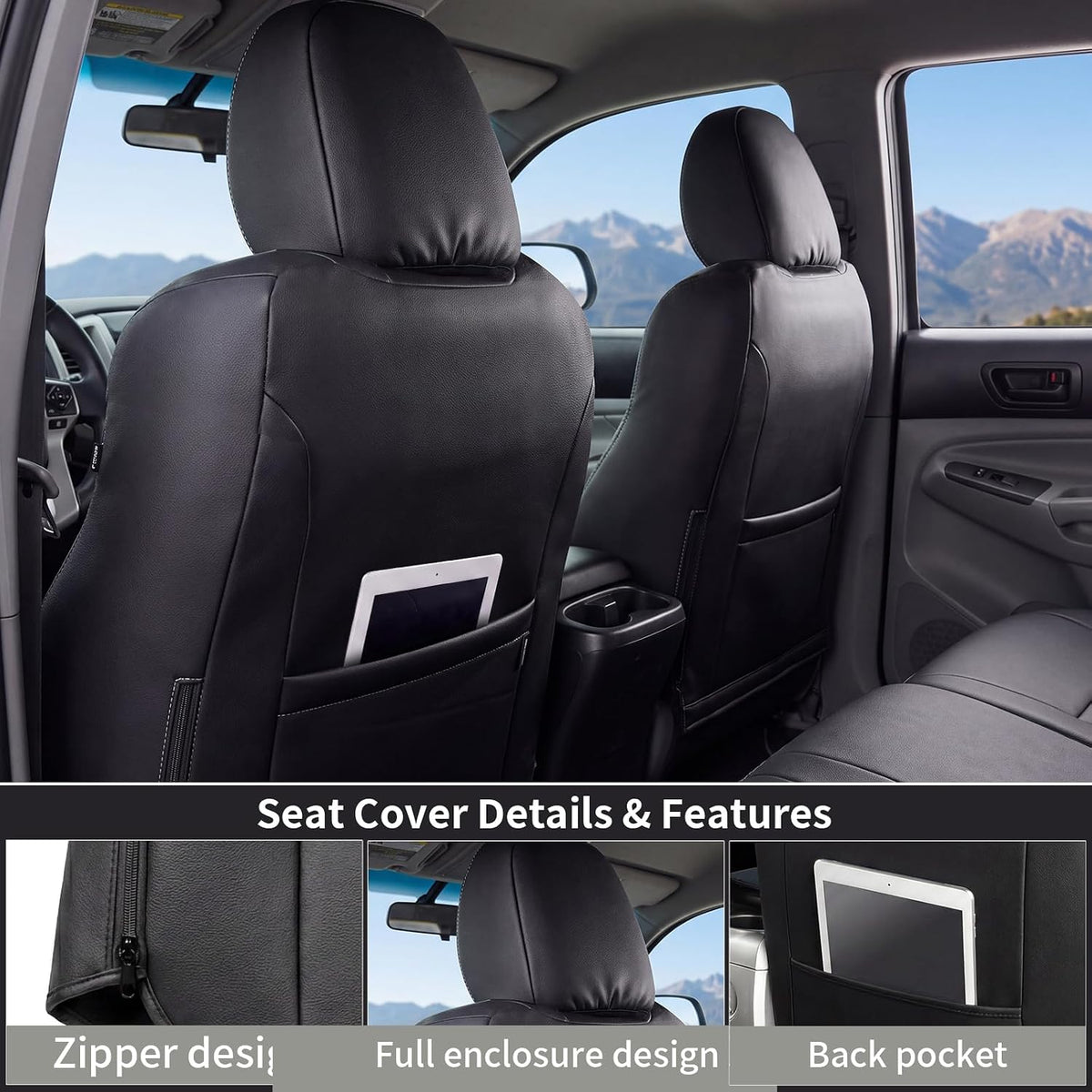 Umbrauto Car Seat Covers for Toyota Tacoma 2005-2015 Double &amp; Crew Cab,Nappa Leather, 3D Laser-Scan Custom Fit, Waterproof, Easy-Clean, Full Coverage, Airbag Compatible, Pet &amp; Scratch Protection