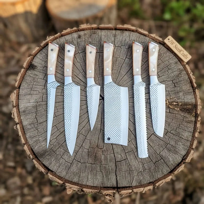 6-Piece Rasp Steel Kitchen Knife Set — Dimple Textured Blades, Cream Resin Handles, Copper Bolsters &amp; Steel Pommels