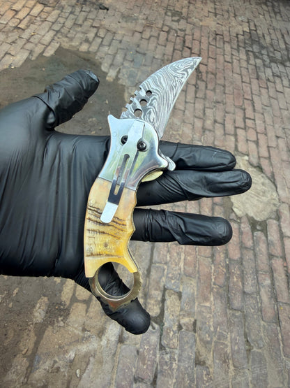 Wolf Claw Damascus Folding Karambit with Engraved Wolf Bolster&amp;nbsp;
