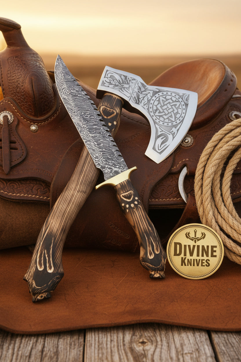 Bone Accent Damascus Bowie Knife with Brass Guard