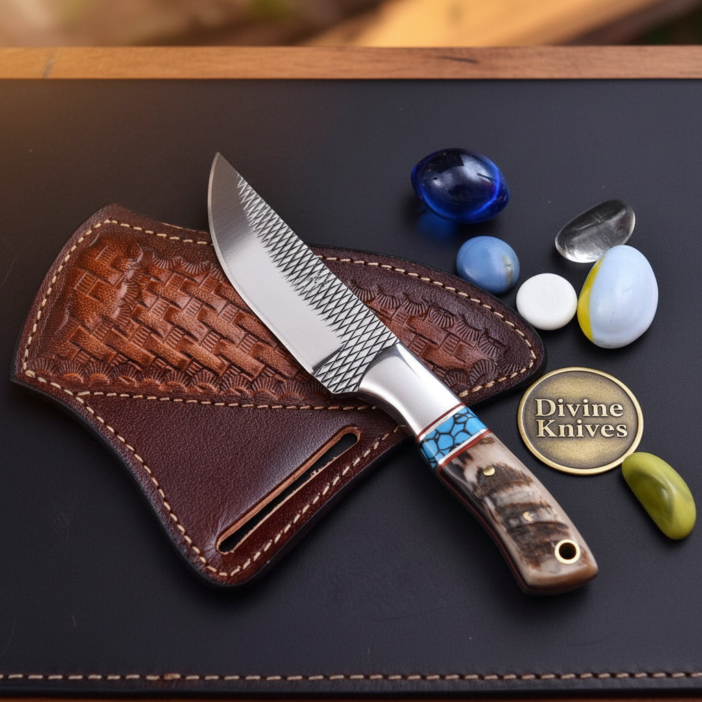Antler Turquoise Rasp Cowboy Belt Knife with Etched Blade