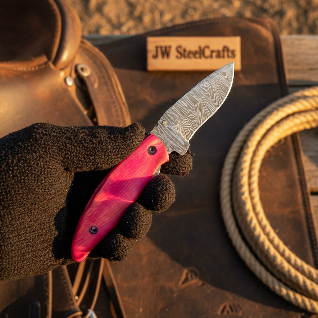 Persian Damascus Folding Knife Set 7” opened Pink &amp; Blue Pakka Wood EDC Blades