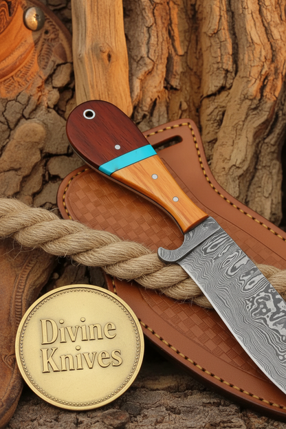 Turquoise Ridge Damascus Bull Cutter with Dual Tone Wood Handle