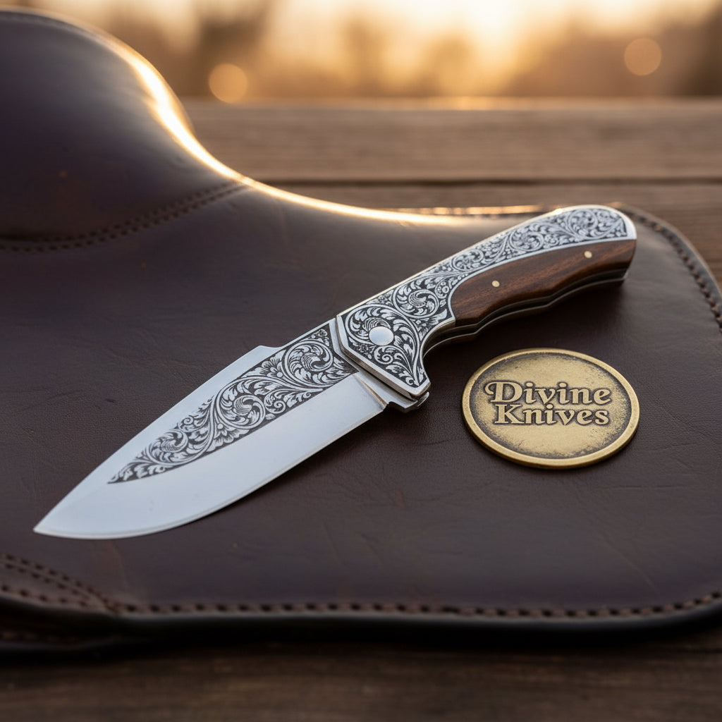 Engraved Hunting Skinner Knife with Carved Wood Handle