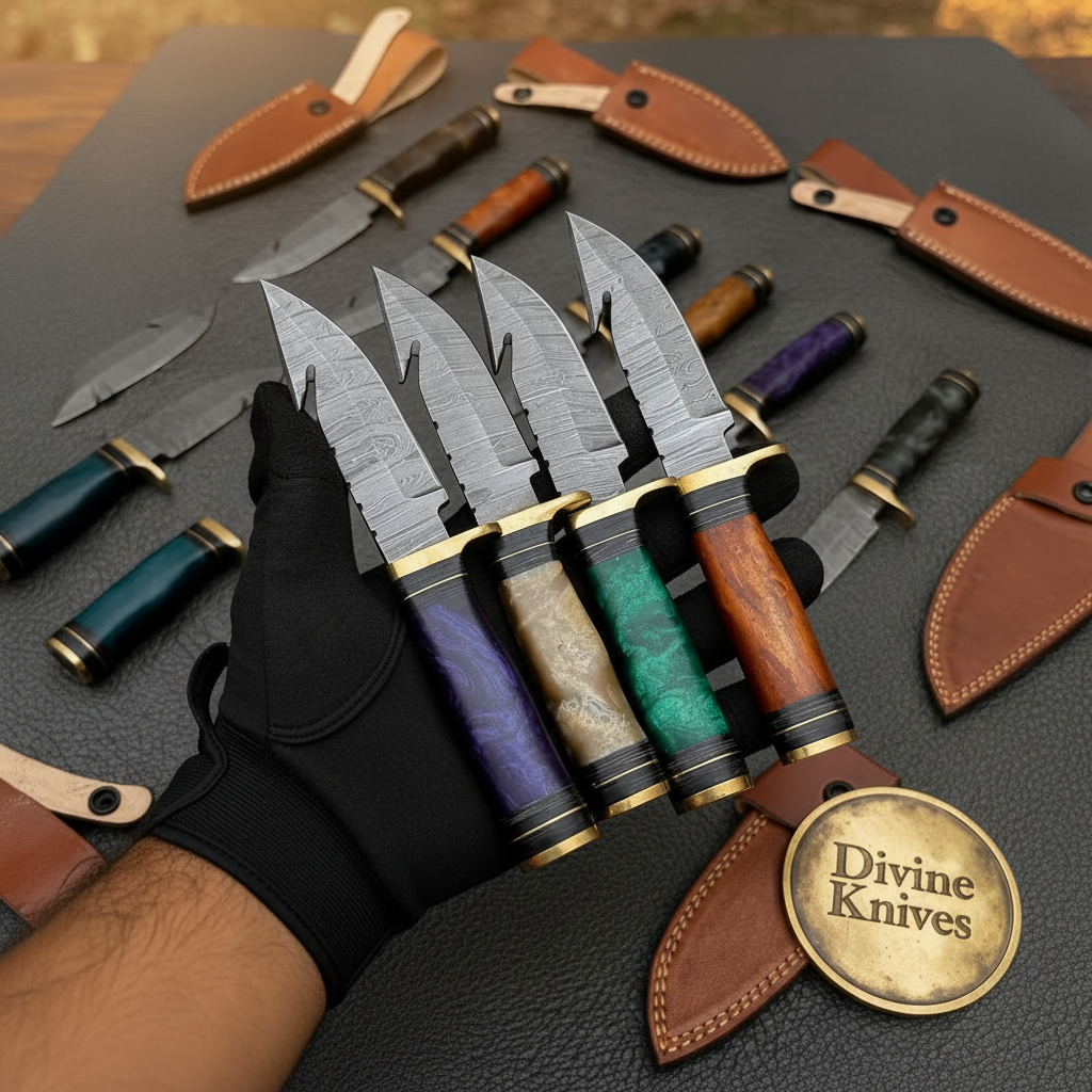 Damascus Gut Hook Skinner Lot with Assorted Color Handles