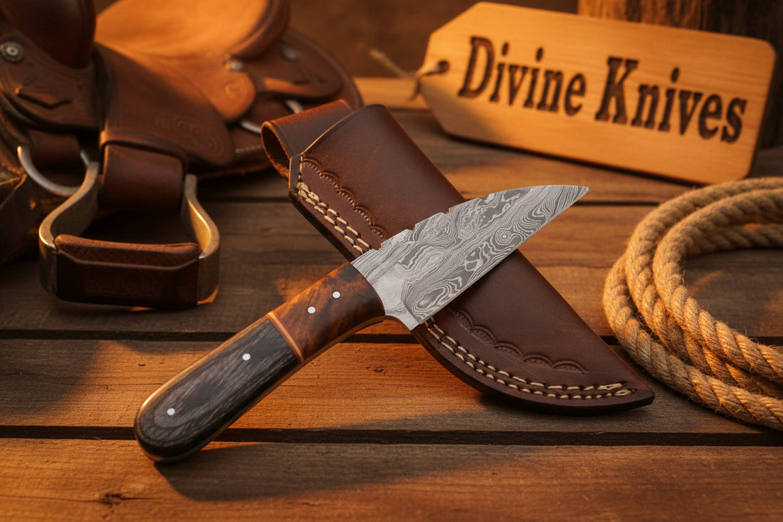 Copper Banded Two-Tone Wood Damascus Clip Point Hunting Knife