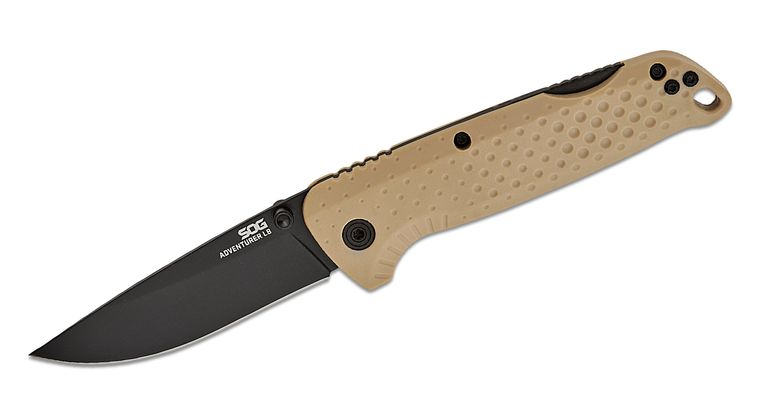 SOG Adventurer LB Lockback Folding Knife 3 Black PVD Drop Point Blade, FDE Flat Dark Earth GRN Handles