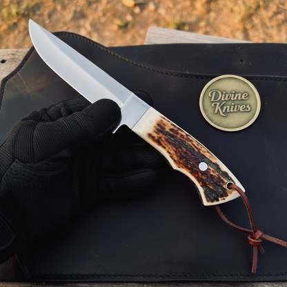 Stag Horn Drop Point Hunting Knife with Leather Sheath